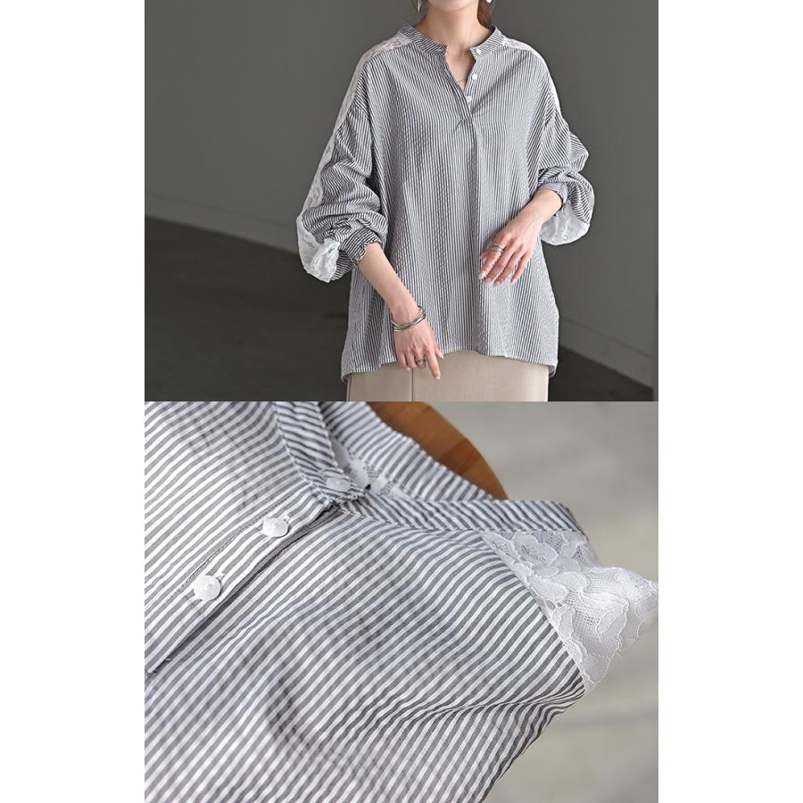 シャツ レディース ノーカラー レース トップス バンドカラー ストライプ シワになりにくい 花柄 ブラウス ロング | HUG.U | 19