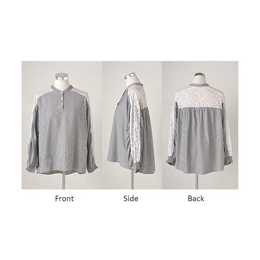 シャツ レディース ノーカラー レース トップス バンドカラー ストライプ シワになりにくい 花柄 ブラウス ロング | HUG.U | 20