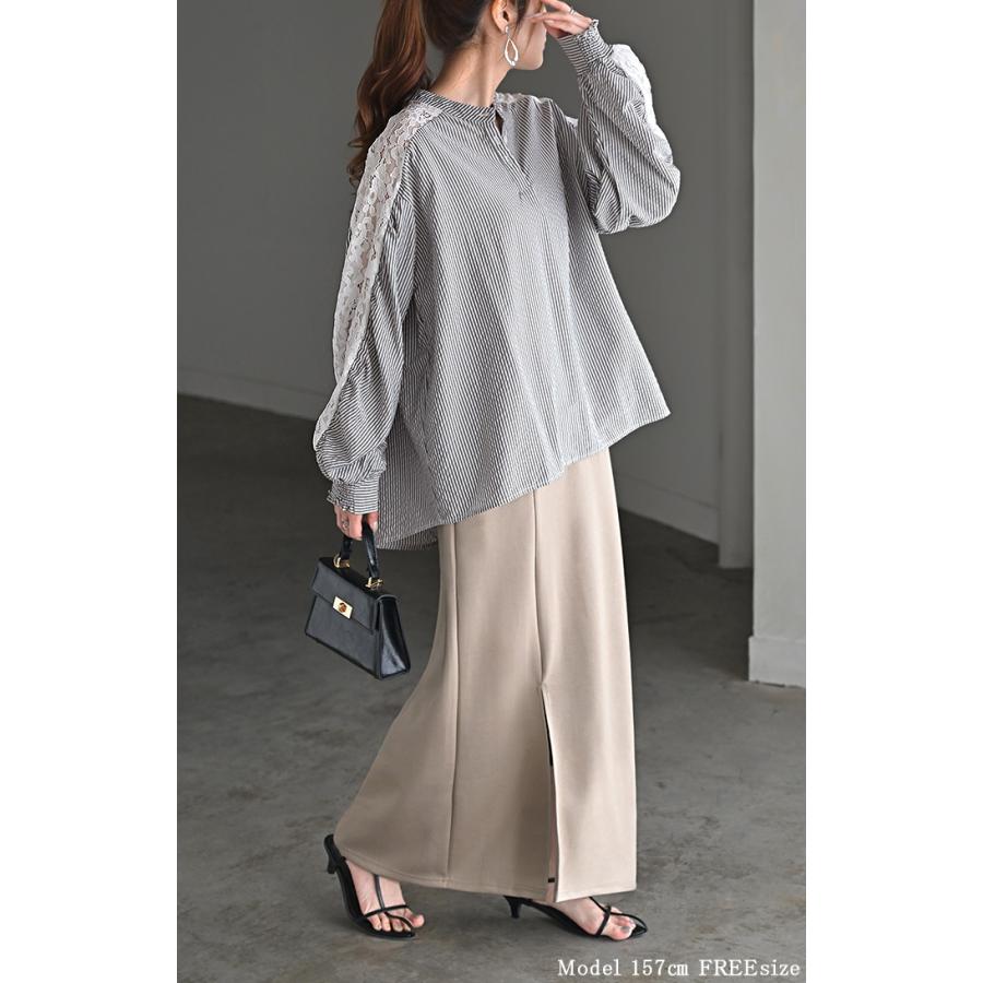 シャツ レディース ノーカラー レース トップス バンドカラー ストライプ シワになりにくい 花柄 ブラウス ロング | HUG.U | 03