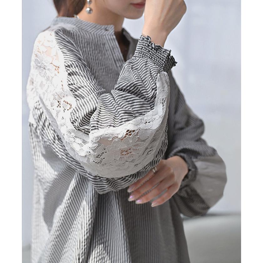 シャツ レディース ノーカラー レース トップス バンドカラー ストライプ シワになりにくい 花柄 ブラウス ロング | HUG.U | 05