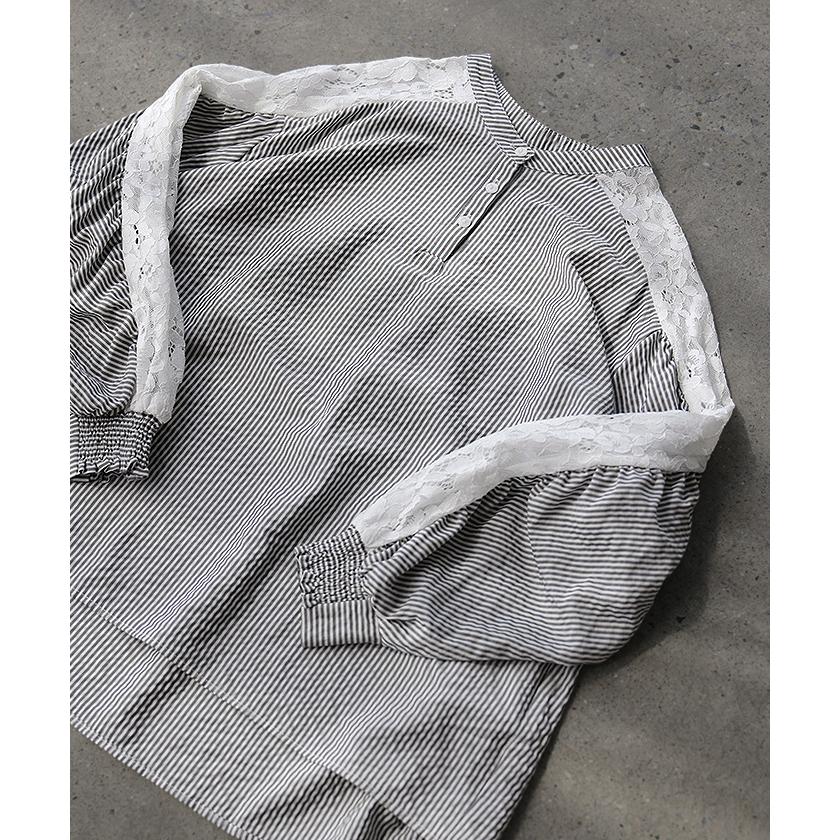 シャツ レディース ノーカラー レース トップス バンドカラー ストライプ シワになりにくい 花柄 ブラウス ロング | HUG.U | 07