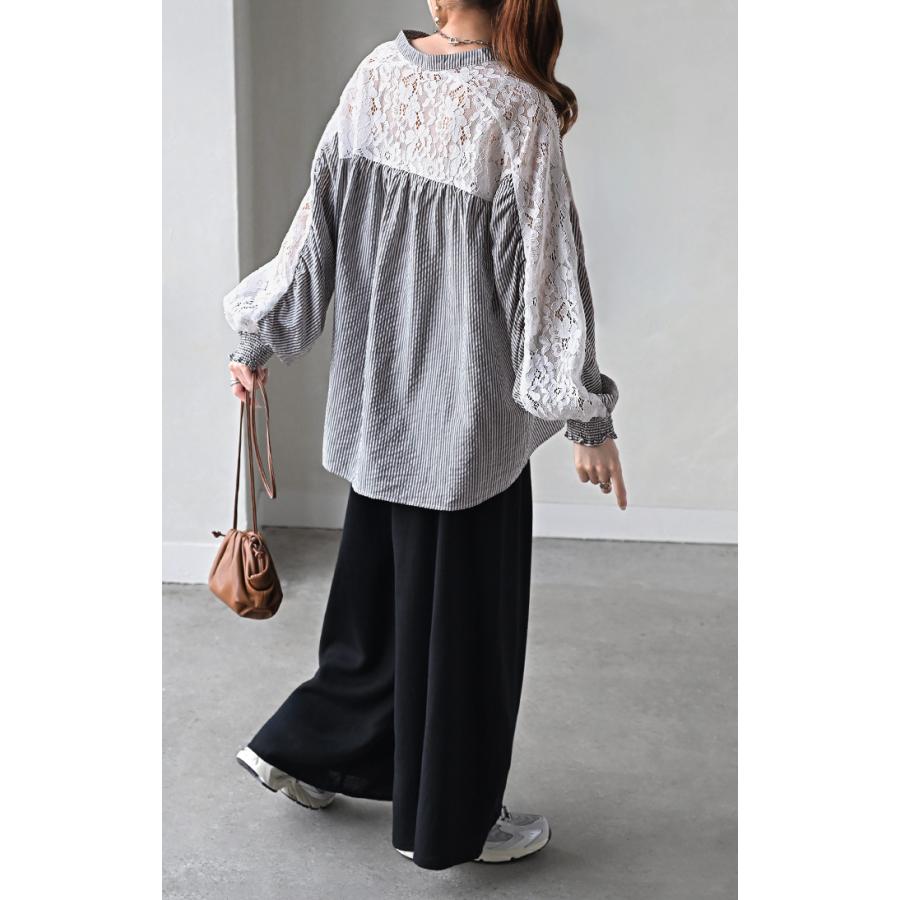 シャツ レディース ノーカラー レース トップス バンドカラー ストライプ シワになりにくい 花柄 ブラウス ロング | HUG.U | 08