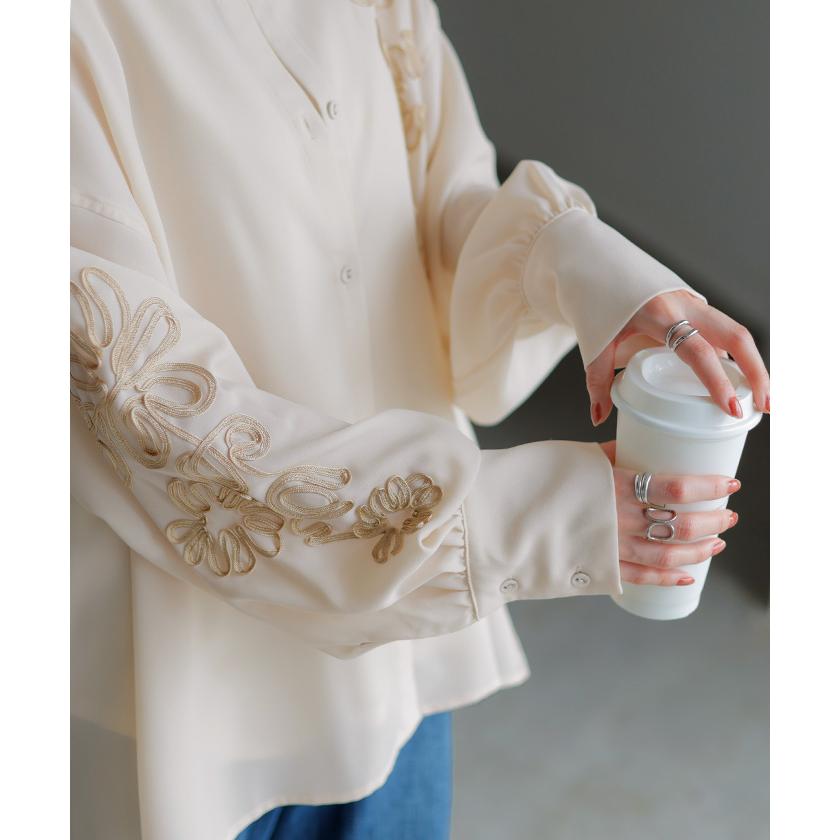 シャツ コード刺繍 シアー トップス レディース 刺繍 ノーカラー バンドカラー ブラウス ロング ロングシャツ チュニック 長袖 無地 羽織 ライトアウター 上品 | HUG.U | 18