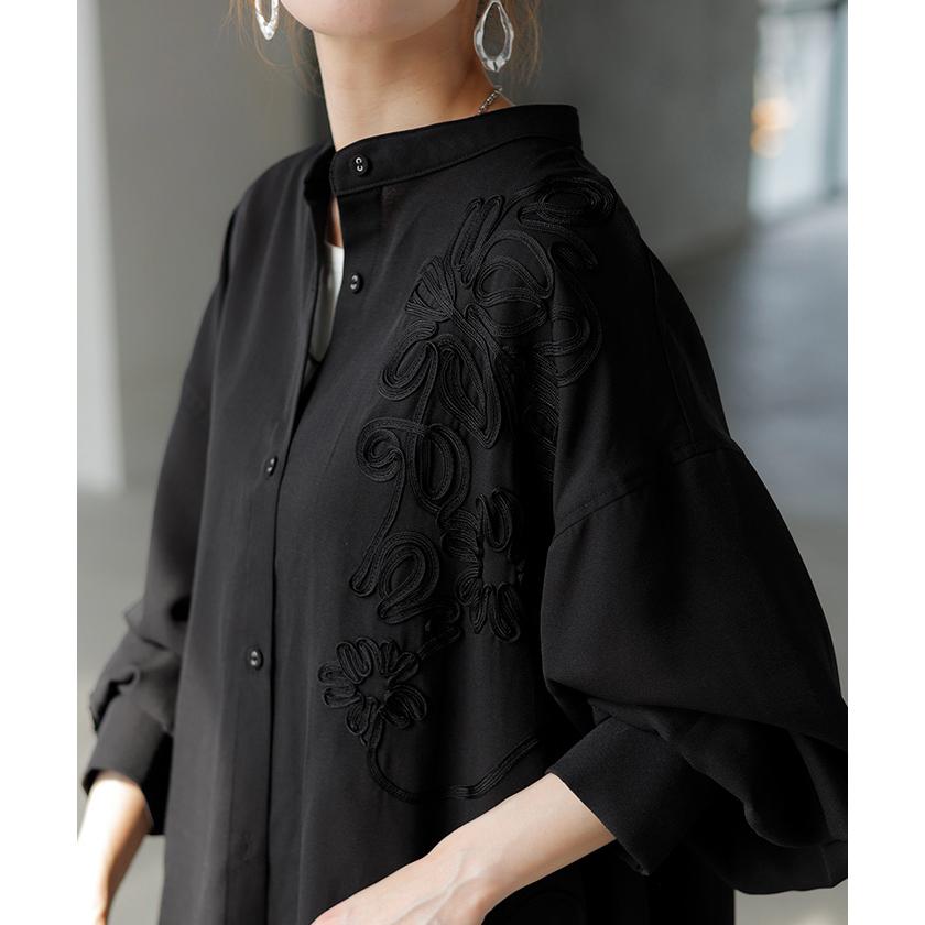シャツ コード刺繍 シアー トップス レディース 刺繍 ノーカラー バンドカラー ブラウス ロング ロングシャツ チュニック 長袖 無地 羽織 ライトアウター 上品 | HUG.U | 11