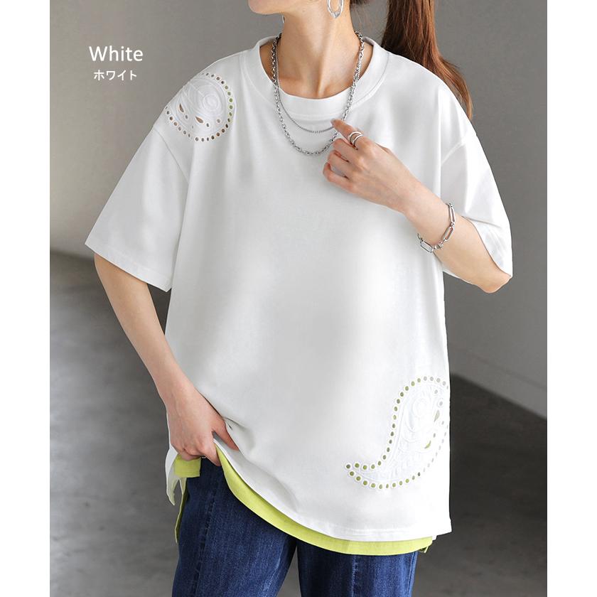 Tシャツ 接触冷感 ペイズリー レディース トップス 半袖 カットソー 刺繍 透け ロング ティーシャツ チュニック | HUG.U | 14