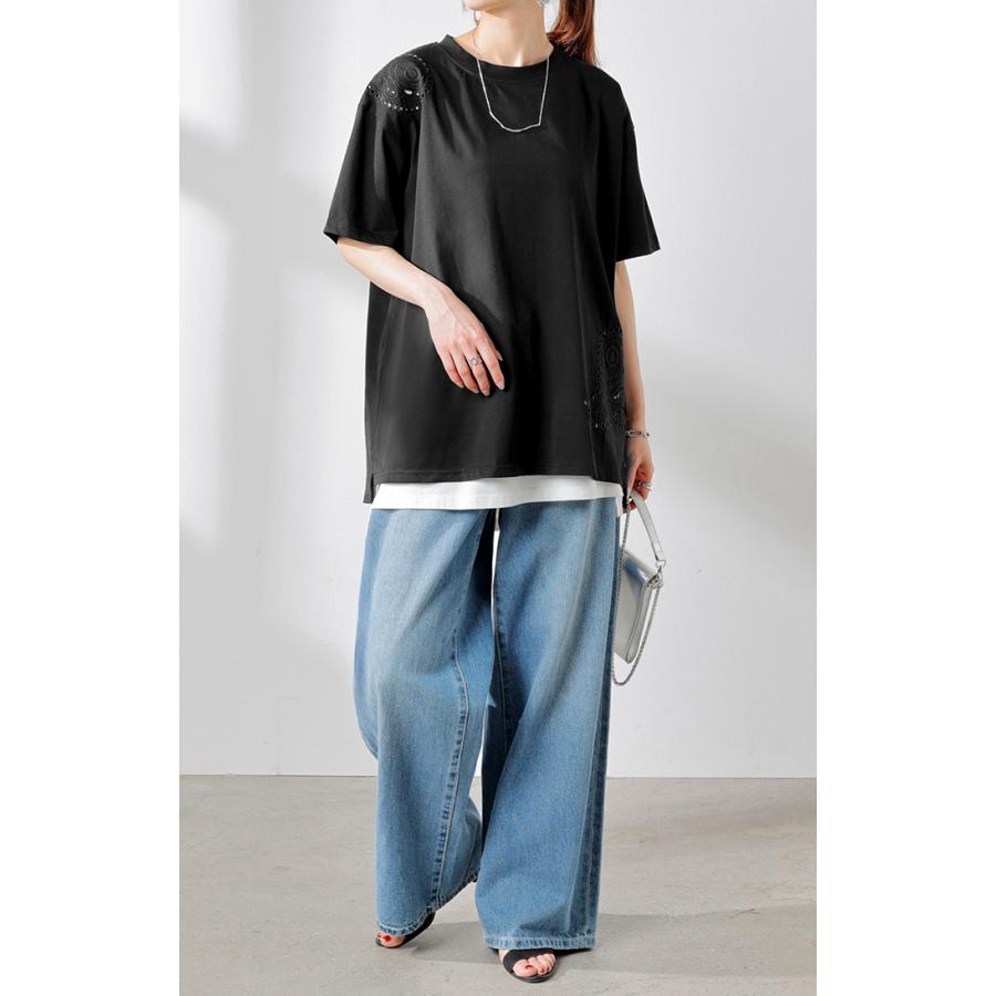 Tシャツ 接触冷感 ペイズリー レディース トップス 半袖 カットソー 刺繍 透け ロング ティーシャツ チュニック | HUG.U | 15