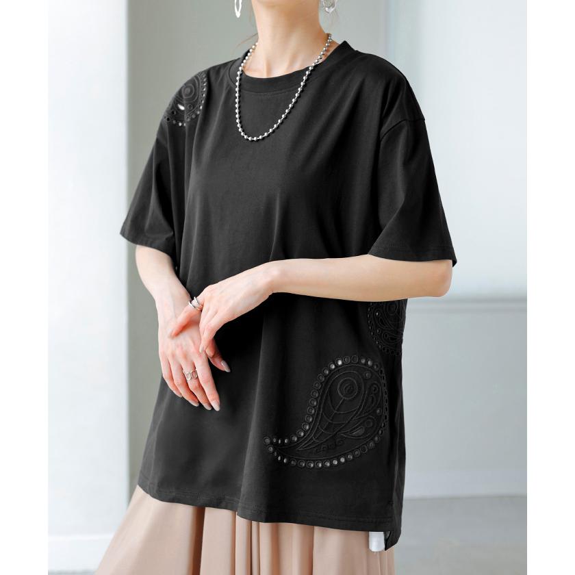 Tシャツ 接触冷感 ペイズリー レディース トップス 半袖 カットソー 刺繍 透け ロング ティーシャツ チュニック | HUG.U | 18