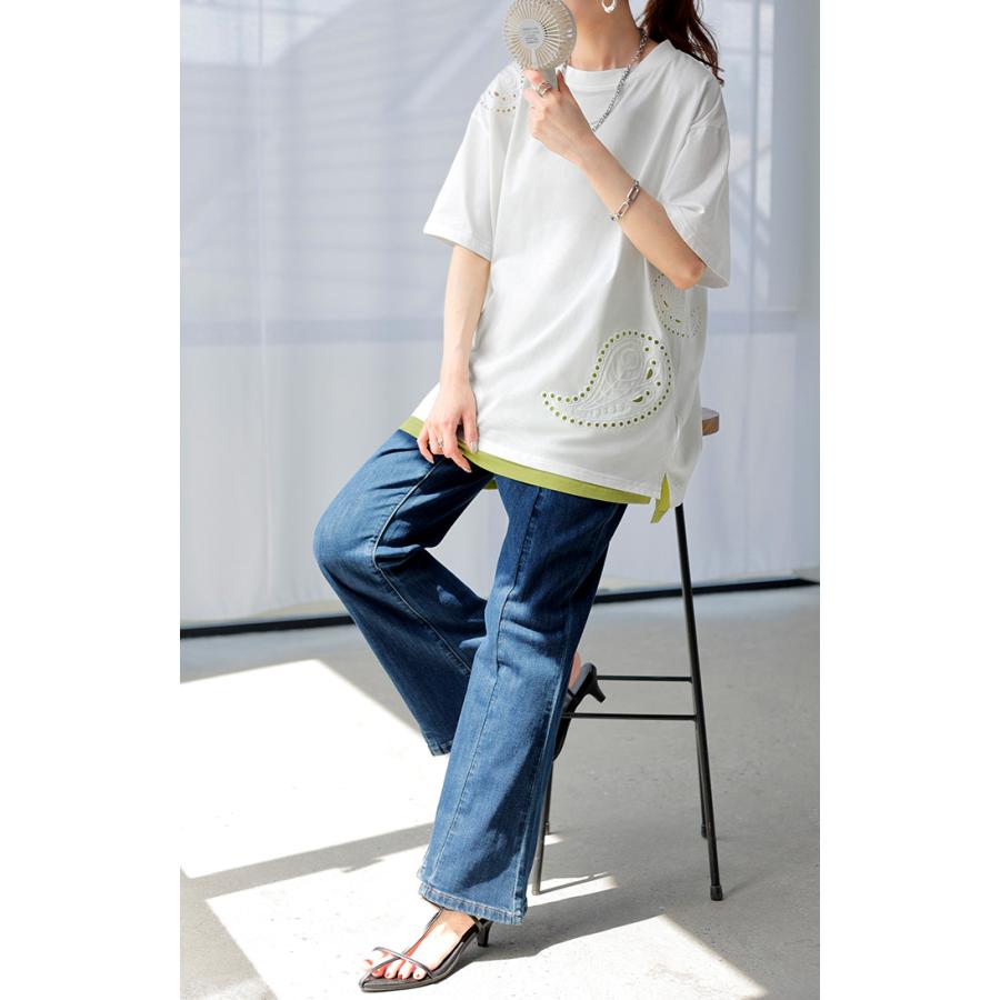 Tシャツ 接触冷感 ペイズリー レディース トップス 半袖 カットソー 刺繍 透け ロング ティーシャツ チュニック | HUG.U | 20