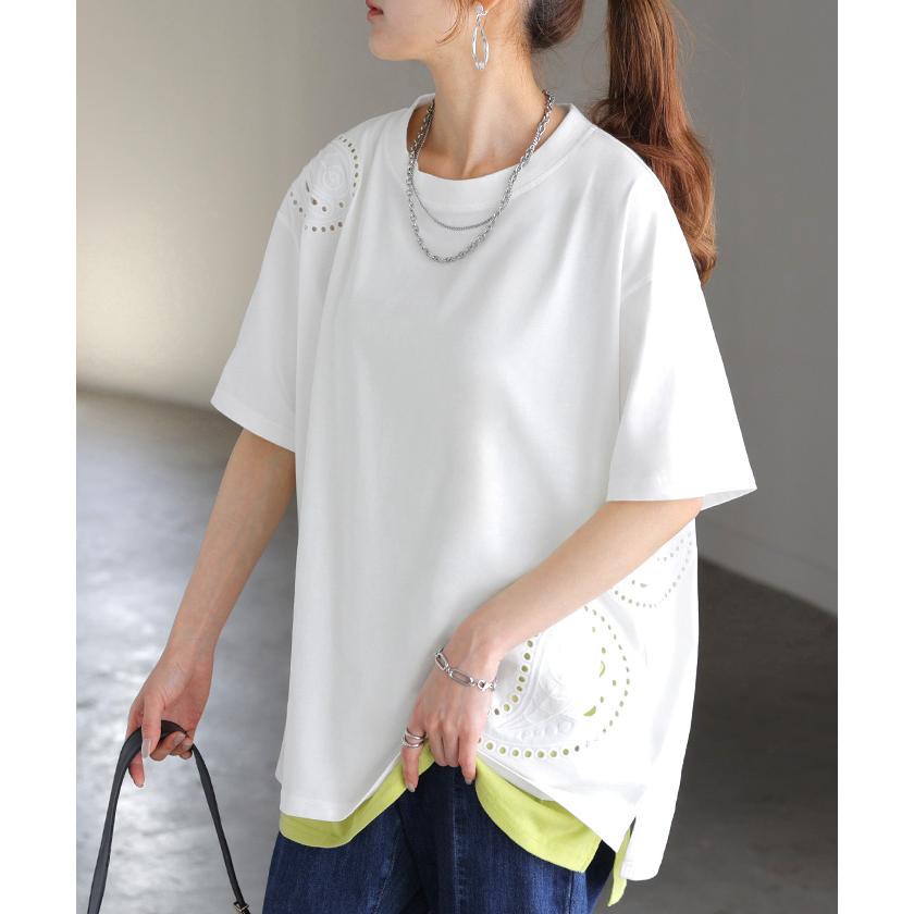 Tシャツ 接触冷感 ペイズリー レディース トップス 半袖 カットソー 刺繍 透け ロング ティーシャツ チュニック | HUG.U | 06