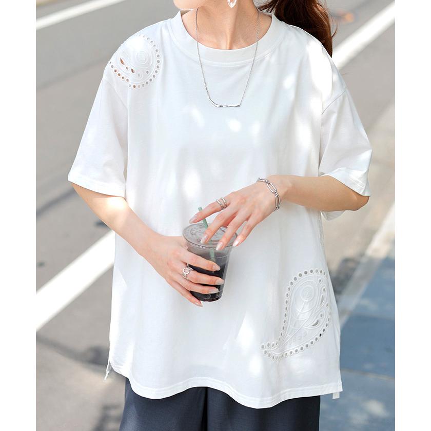 Tシャツ 接触冷感 ペイズリー レディース トップス 半袖 カットソー 刺繍 透け ロング ティーシャツ チュニック | HUG.U | 10