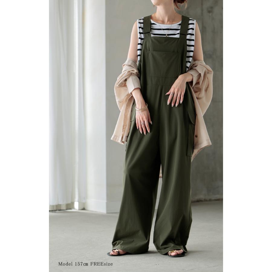 サロペット ワイド レディース 微 撥水 サロペ パンツ ロング ロングパンツ ノースリーブ オーバーオール レイヤード 重ね着 調節可能 ドロスト ゆったり | HUG.U | 17