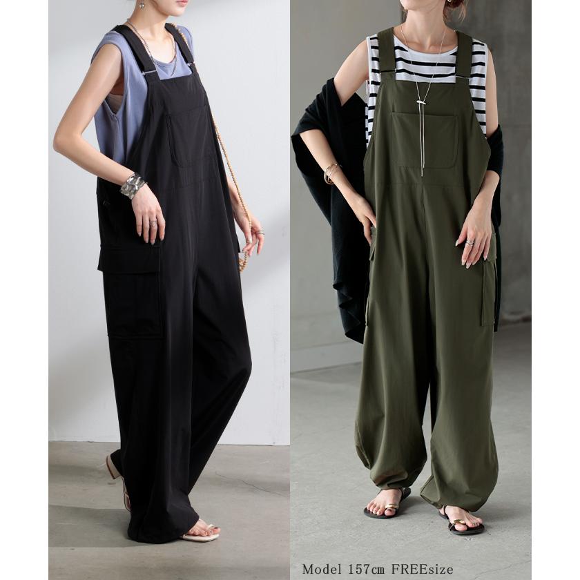 サロペット ワイド レディース 微 撥水 サロペ パンツ ロング ロングパンツ ノースリーブ オーバーオール レイヤード 重ね着 調節可能 ドロスト ゆったり | HUG.U | 21