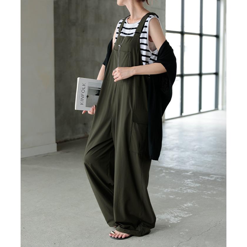 サロペット ワイド レディース 微 撥水 サロペ パンツ ロング ロングパンツ ノースリーブ オーバーオール レイヤード 重ね着 調節可能 ドロスト ゆったり | HUG.U | 06