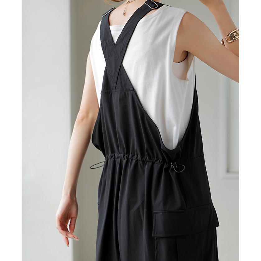 サロペット ワイド レディース 微 撥水 サロペ パンツ ロング ロングパンツ ノースリーブ オーバーオール レイヤード 重ね着 調節可能 ドロスト ゆったり | HUG.U | 07