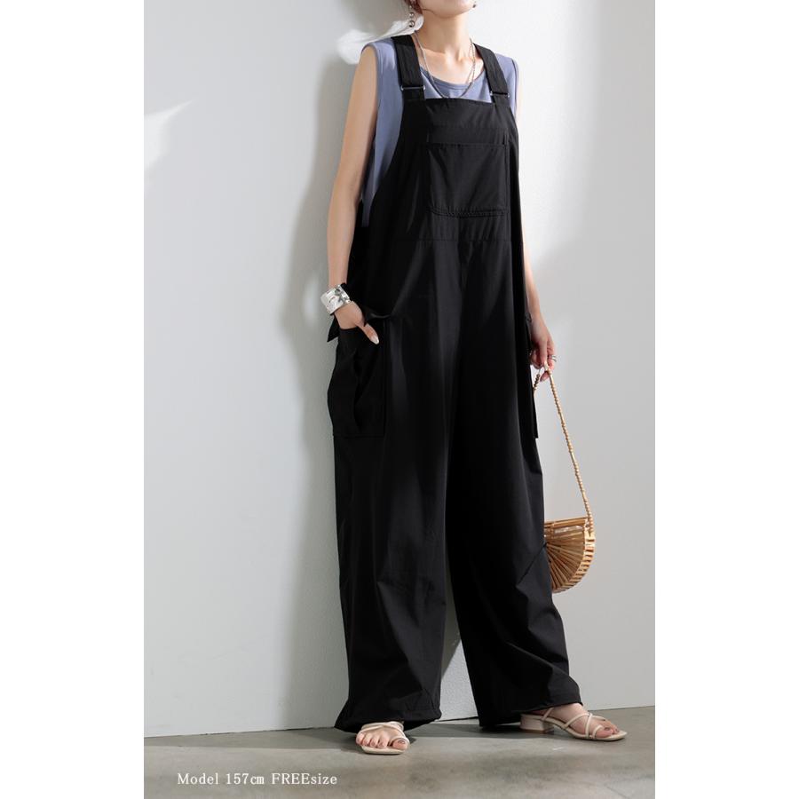 サロペット ワイド レディース 微 撥水 サロペ パンツ ロング ロングパンツ ノースリーブ オーバーオール レイヤード 重ね着 調節可能 ドロスト ゆったり | HUG.U | 10