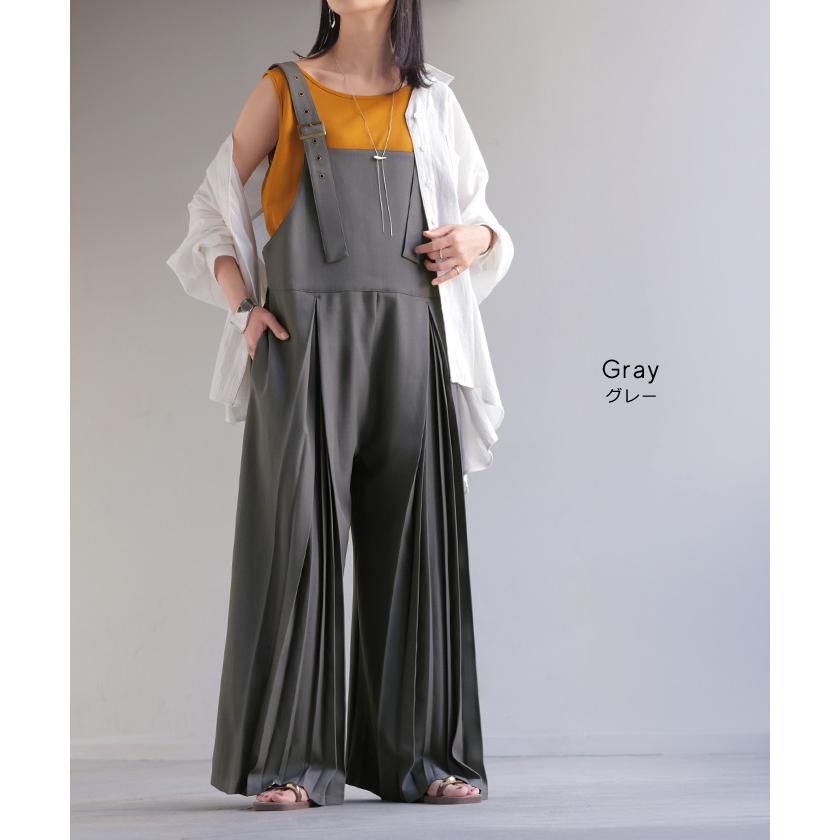 サロペット プリーツ ワイド レディース サロペ パンツ ロング ロングパンツ ノースリーブ シワになりにくい オーバー オーバーオール レイヤード | HUG.U | 13