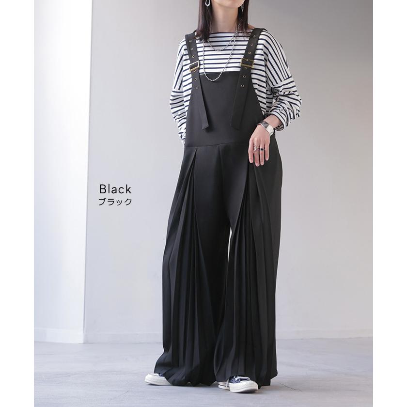 サロペット プリーツ ワイド レディース サロペ パンツ ロング ロングパンツ ノースリーブ シワになりにくい オーバー オーバーオール レイヤード | HUG.U | 14