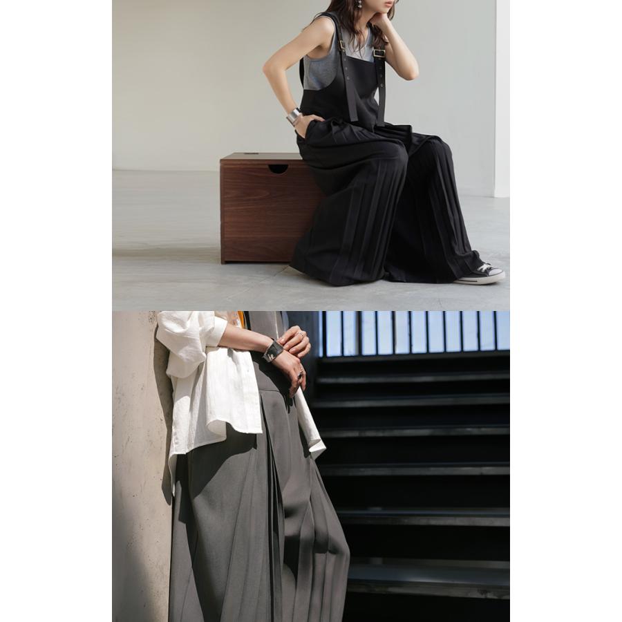 サロペット プリーツ ワイド レディース サロペ パンツ ロング ロングパンツ ノースリーブ シワになりにくい オーバー オーバーオール レイヤード | HUG.U | 21