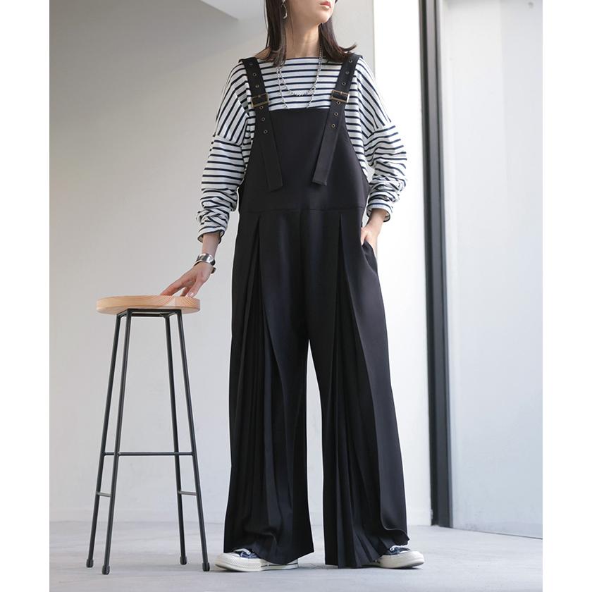 サロペット プリーツ ワイド レディース サロペ パンツ ロング ロングパンツ ノースリーブ シワになりにくい オーバー オーバーオール レイヤード | HUG.U | 06