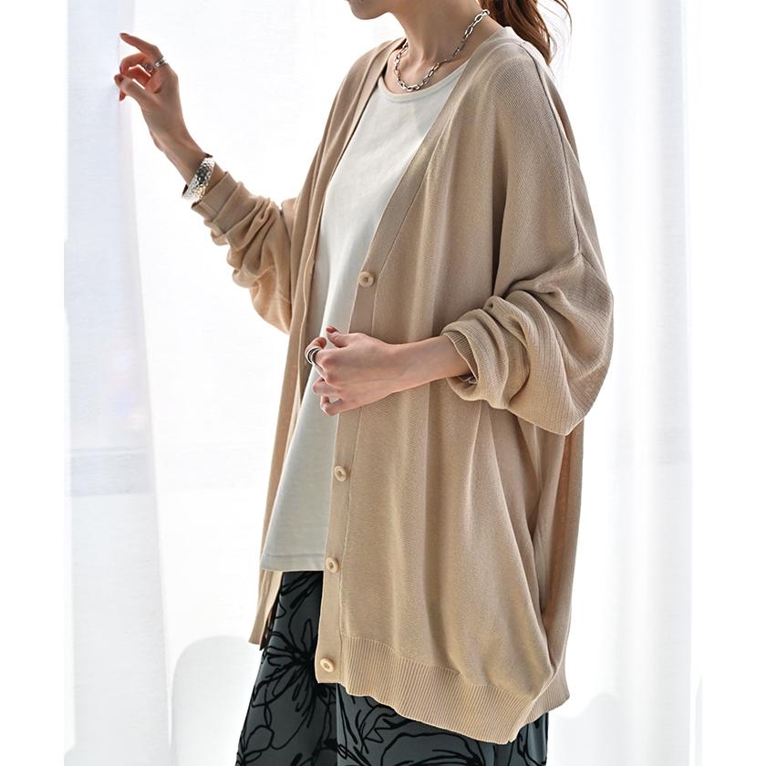 カーディガン ボタン ロング レディース カーデ トップス セーター オーバー ニットカーディガン 綿 混 無地 長袖 長い Vネック リブ チュニック ゆったり | HUG.U | 10