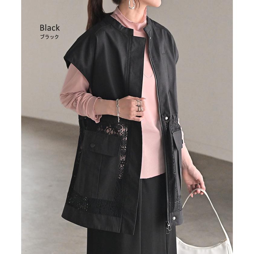 ベスト ジレ レース レディース トップス アウター ノーカラー Vネック ロング ロングジレ ノースリーブ 異素材 レイヤード 重ね着 体型カバー 無地 きれいめ | HUG.U | 14