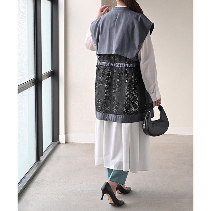 ベスト ジレ レース レディース トップス アウター ノーカラー Vネック ロング ロングジレ ノースリーブ 異素材 レイヤード 重ね着 体型カバー 無地 きれいめ | HUG.U | 15