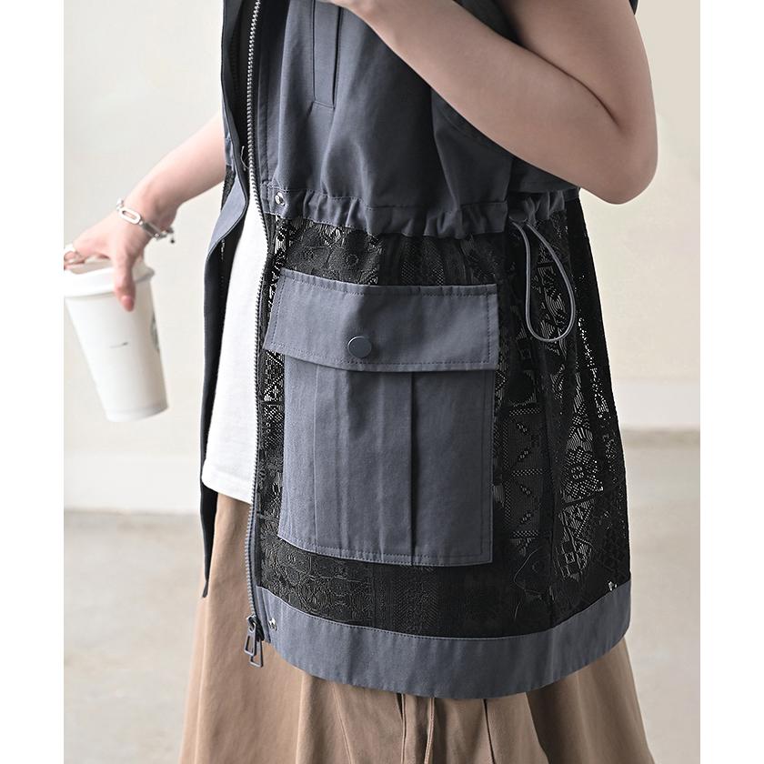 ベスト ジレ レース レディース トップス アウター ノーカラー Vネック ロング ロングジレ ノースリーブ 異素材 レイヤード 重ね着 体型カバー 無地 きれいめ | HUG.U | 16