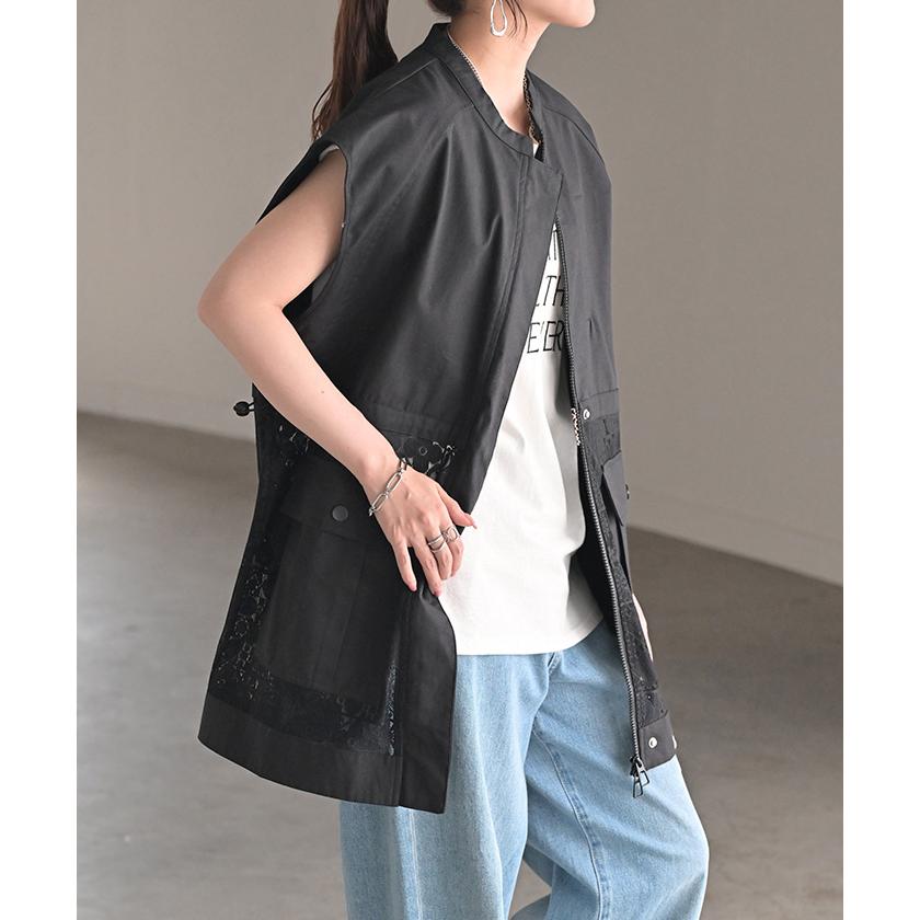 ベスト ジレ レース レディース トップス アウター ノーカラー Vネック ロング ロングジレ ノースリーブ 異素材 レイヤード 重ね着 体型カバー 無地 きれいめ | HUG.U | 18