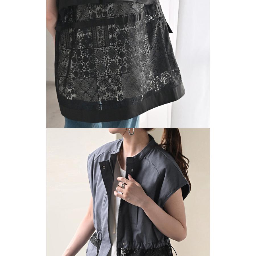 ベスト ジレ レース レディース トップス アウター ノーカラー Vネック ロング ロングジレ ノースリーブ 異素材 レイヤード 重ね着 体型カバー 無地 きれいめ | HUG.U | 19