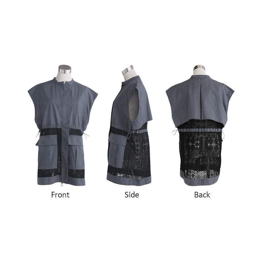 ベスト ジレ レース レディース トップス アウター ノーカラー Vネック ロング ロングジレ ノースリーブ 異素材 レイヤード 重ね着 体型カバー 無地 きれいめ | HUG.U | 21