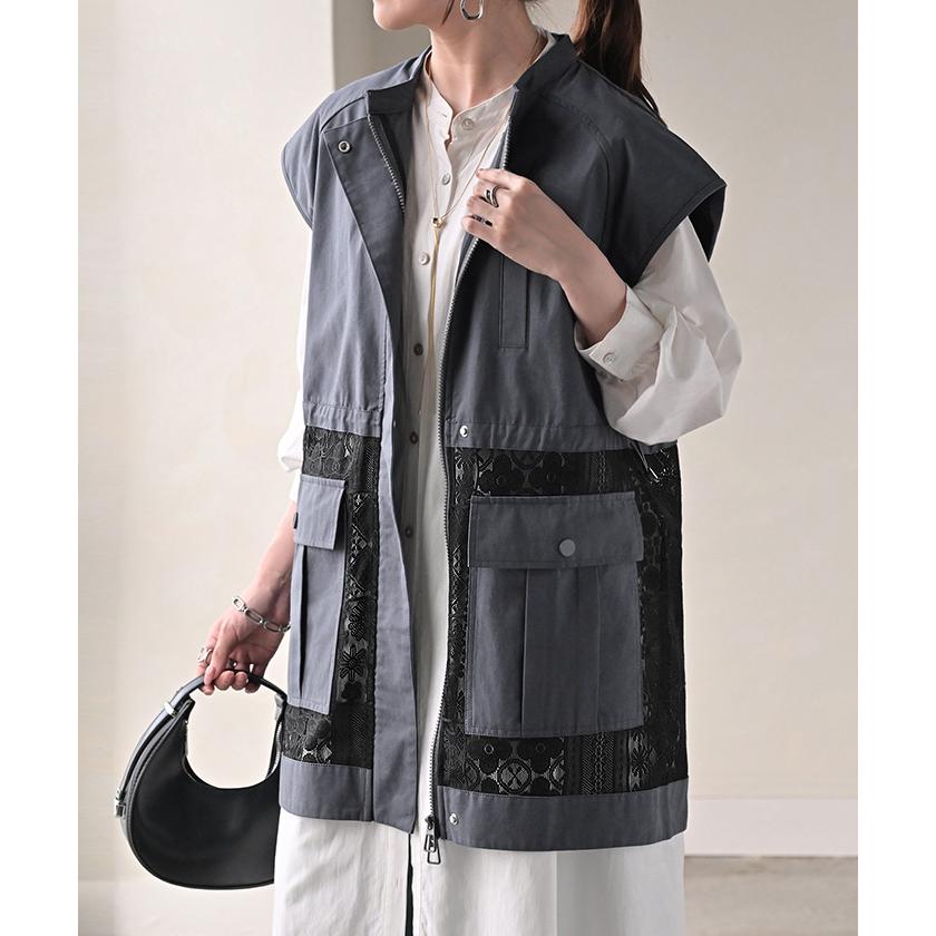 ベスト ジレ レース レディース トップス アウター ノーカラー Vネック ロング ロングジレ ノースリーブ 異素材 レイヤード 重ね着 体型カバー 無地 きれいめ | HUG.U | 06