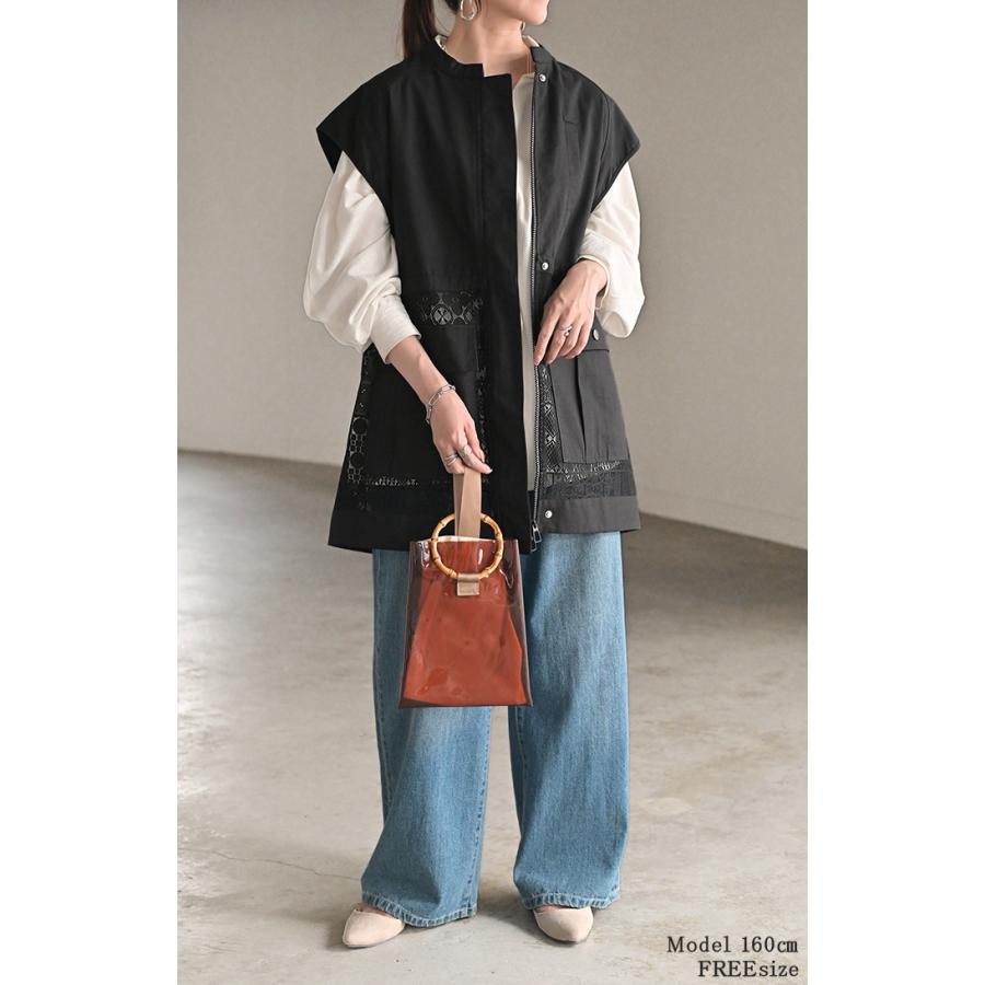 ベスト ジレ レース レディース トップス アウター ノーカラー Vネック ロング ロングジレ ノースリーブ 異素材 レイヤード 重ね着 体型カバー 無地 きれいめ | HUG.U | 10