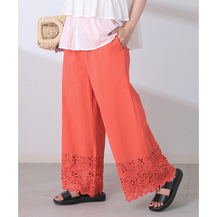 パンツ 裾 レース ワイドパンツ 綿100％ ワイド レディース ロング ロングパンツ 体型カバー 無地 ボトムス ボトム ストレート ズボン ゆったり ハイウエスト | HUG.U | 09