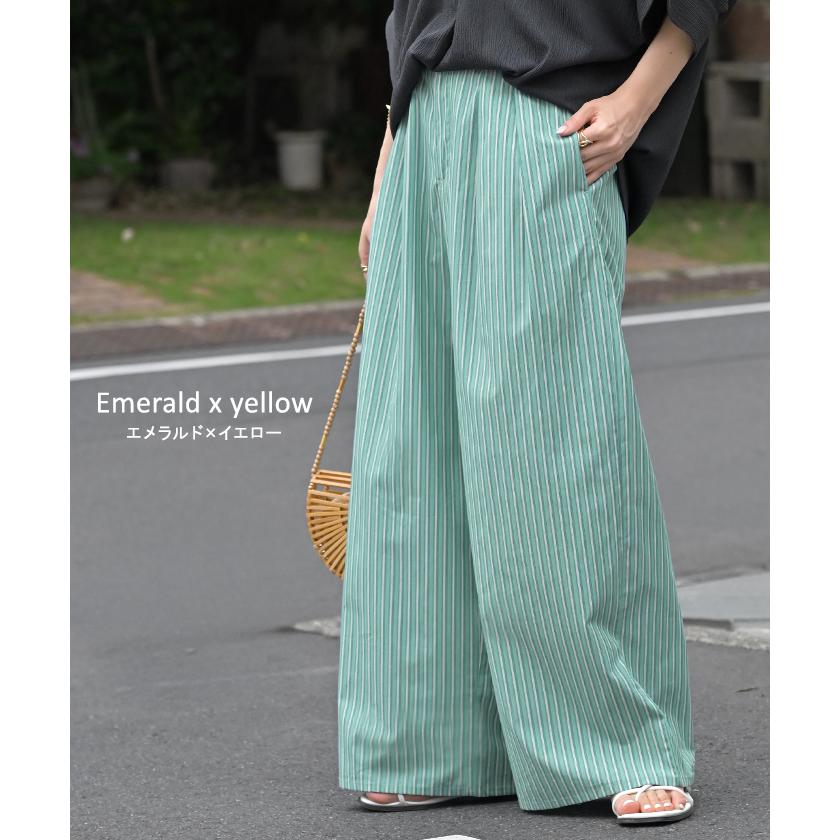 パンツ ワイド ストライプ 綿100 レディース ワイドパンツ 柄 ロング ロングパンツ 薄手 体型カバー ボトムス ボトム ストレート ズボン ゆったり ハイウエスト | HUG.U | 15