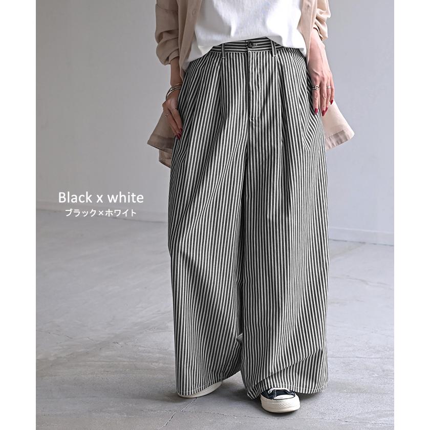 パンツ ワイド ストライプ 綿100 レディース ワイドパンツ 柄 ロング ロングパンツ 薄手 体型カバー ボトムス ボトム ストレート ズボン ゆったり ハイウエスト | HUG.U | 16