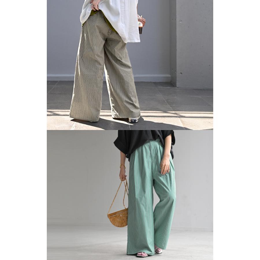 パンツ ワイド ストライプ 綿100 レディース ワイドパンツ 柄 ロング ロングパンツ 薄手 体型カバー ボトムス ボトム ストレート ズボン ゆったり ハイウエスト | HUG.U | 21