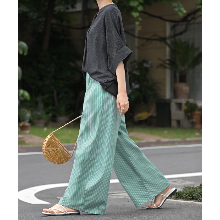 パンツ ワイド ストライプ 綿100 レディース ワイドパンツ 柄 ロング ロングパンツ 薄手 体型カバー ボトムス ボトム ストレート ズボン ゆったり ハイウエスト | HUG.U | 08