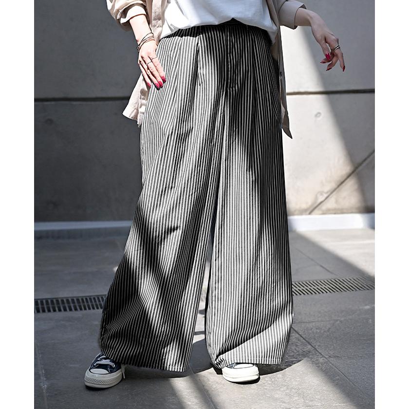 パンツ ワイド ストライプ 綿100 レディース ワイドパンツ 柄 ロング ロングパンツ 薄手 体型カバー ボトムス ボトム ストレート ズボン ゆったり ハイウエスト | HUG.U | 11