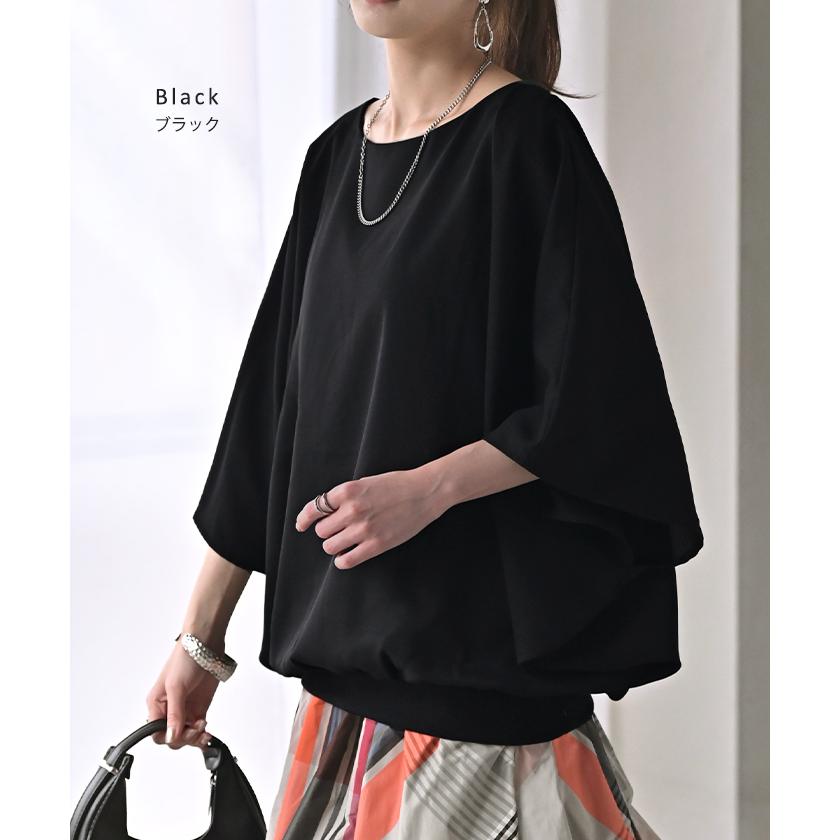 シャツ レディース インナー 付 トップス ノーカラー バンドカラー シフォン ブラウス リブ ロング ロングシャツ チュニック 半袖 無地 きれいめ ゆったり | HUG.U | 15