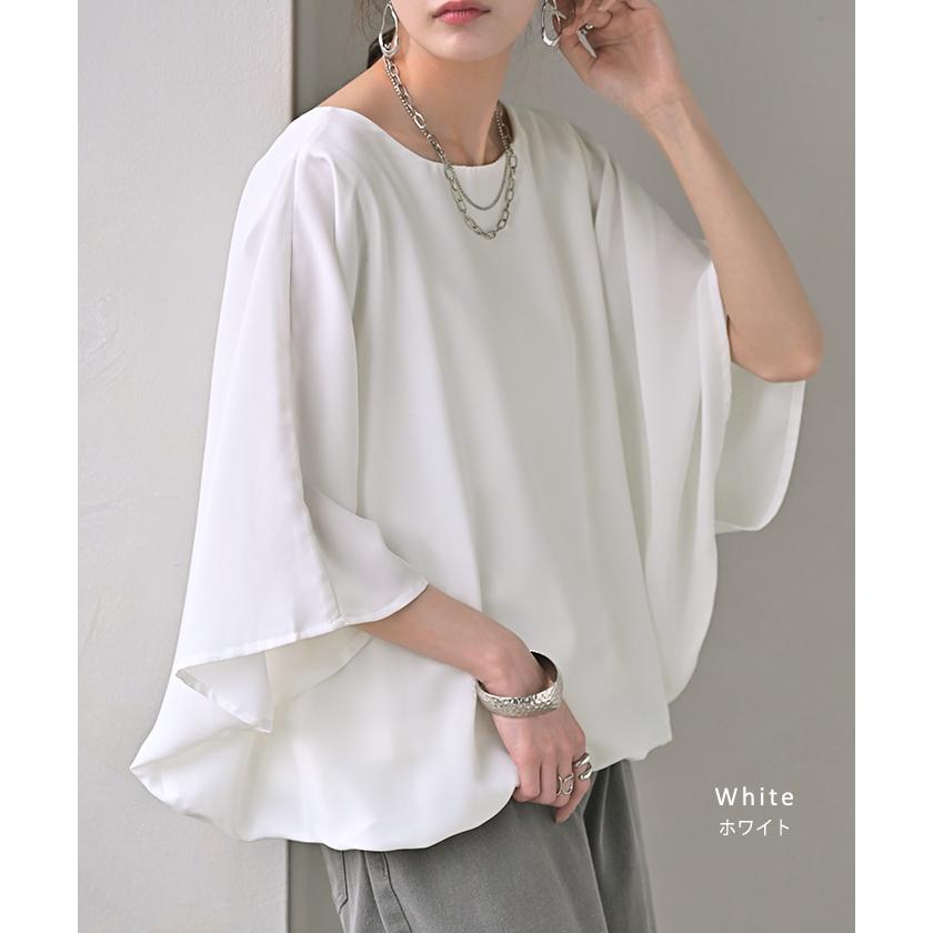 シャツ レディース インナー 付 トップス ノーカラー バンドカラー シフォン ブラウス リブ ロング ロングシャツ チュニック 半袖 無地 きれいめ ゆったり | HUG.U | 18