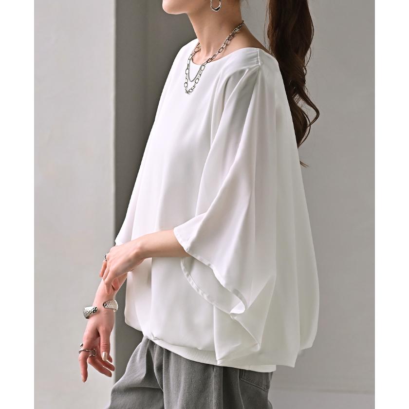 シャツ レディース インナー 付 トップス ノーカラー バンドカラー シフォン ブラウス リブ ロング ロングシャツ チュニック 半袖 無地 きれいめ ゆったり | HUG.U | 08