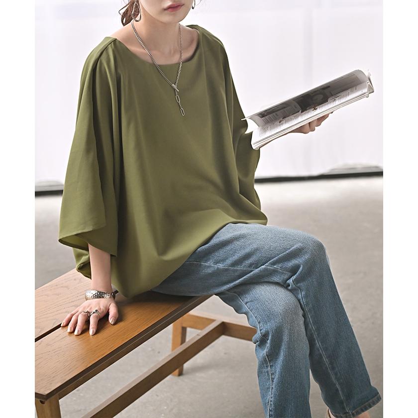 シャツ レディース インナー 付 トップス ノーカラー バンドカラー シフォン ブラウス リブ ロング ロングシャツ チュニック 半袖 無地 きれいめ ゆったり | HUG.U | 12