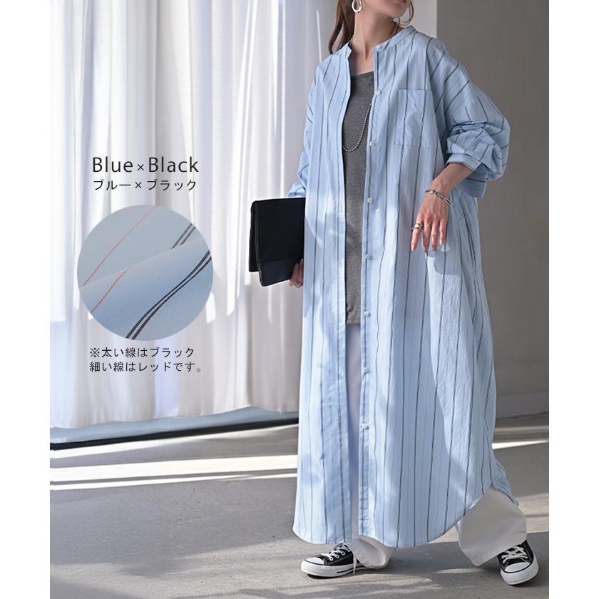 ワンピース ストライプ シャツワンピース シャツ ノーカラ― シャツワンピ レディース ロング ロングワンピース | HUG.U | 15