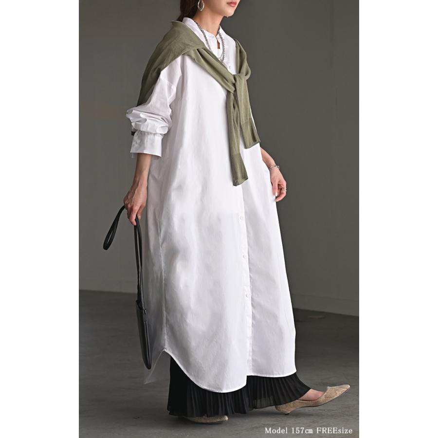 ワンピース ストライプ シャツワンピース シャツ ノーカラ― シャツワンピ レディース ロング ロングワンピース | HUG.U | 06