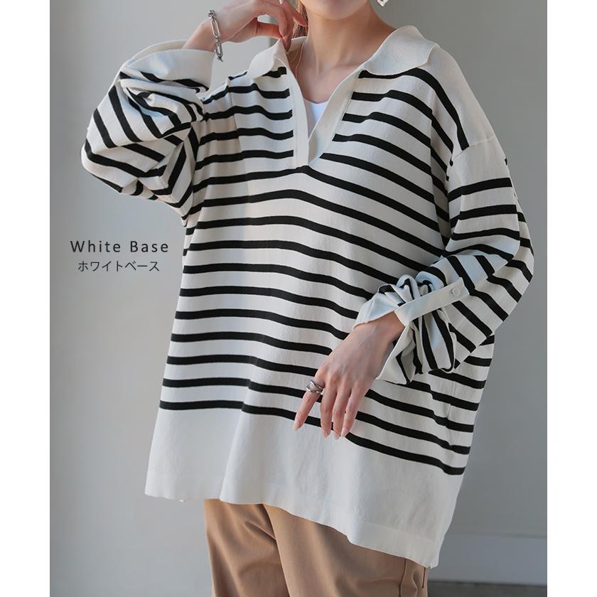 トップス ロンT 襟付き ボーダー ニット レディース 綿100％ 長袖 Tシャツ カットソー ロング ティーシャツ チュニック | HUG.U | 14