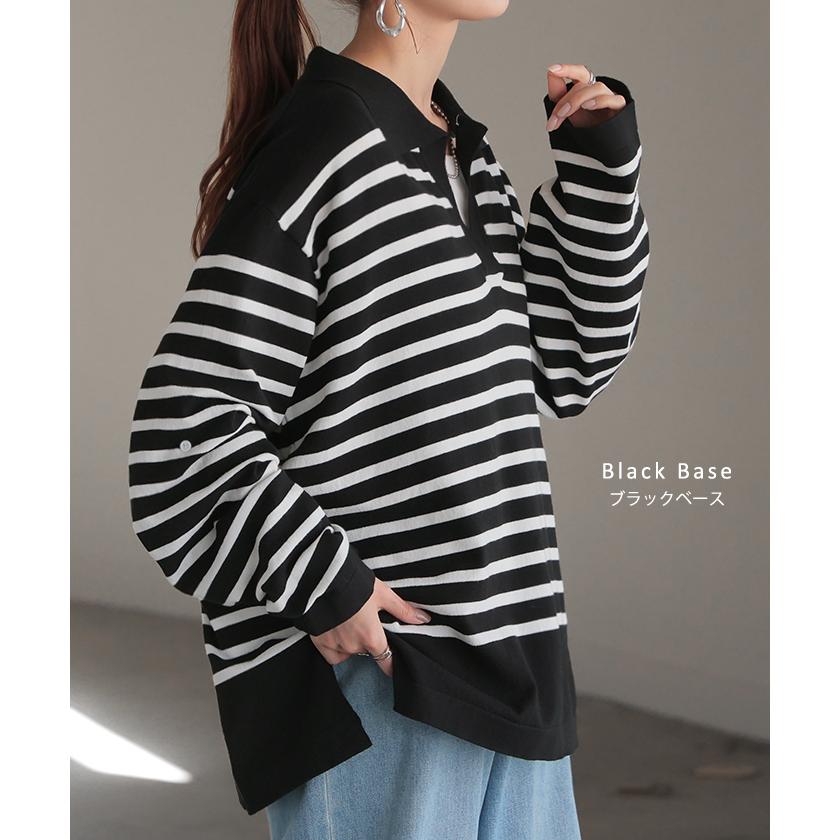 chiiiibag ボーダー　ストライプ 長袖カットソー ホワイト/ブラック 長袖カットソー 黒白ストライプ 襟付き