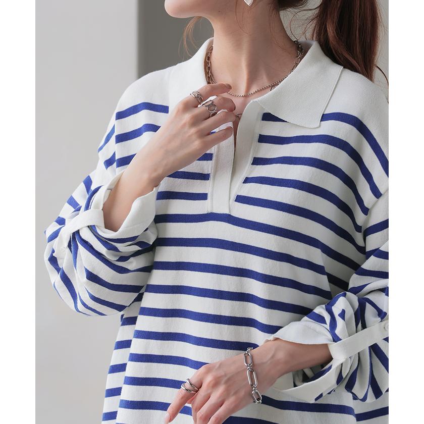 トップス ロンT 襟付き ボーダー ニット レディース 綿100％ 長袖 Tシャツ カットソー ロング ティーシャツ チュニック | HUG.U | 20