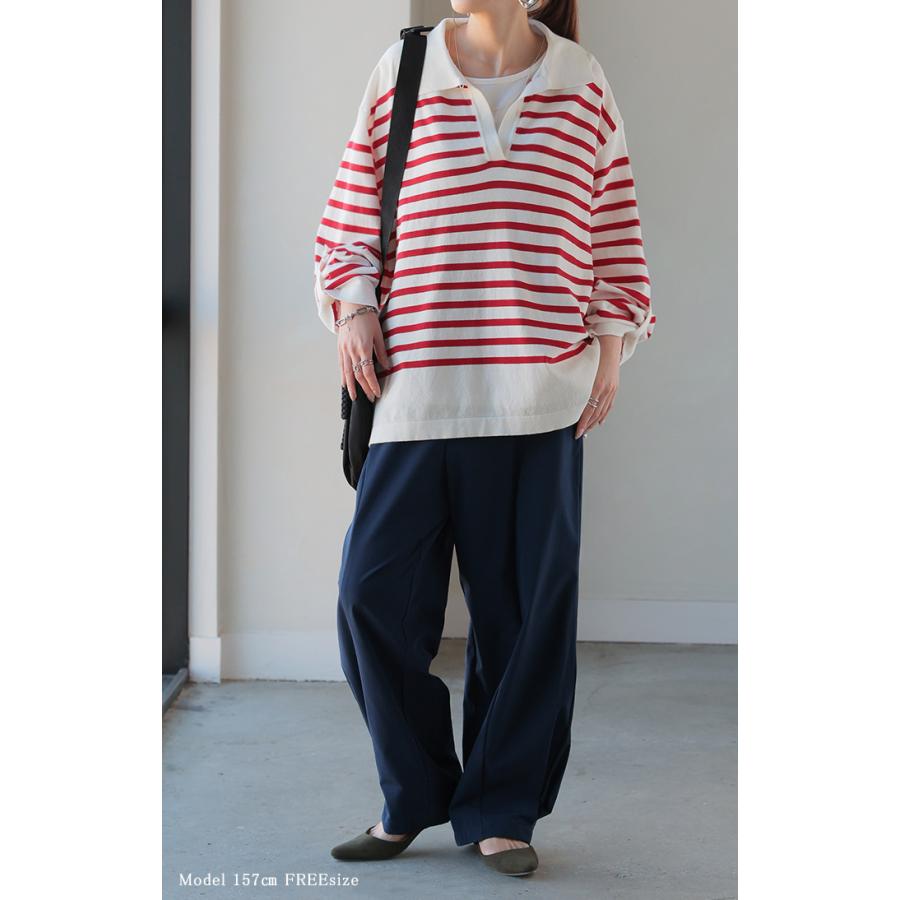 トップス ロンT 襟付き ボーダー ニット レディース 綿100％ 長袖 Tシャツ カットソー ロング ティーシャツ チュニック | HUG.U | 22