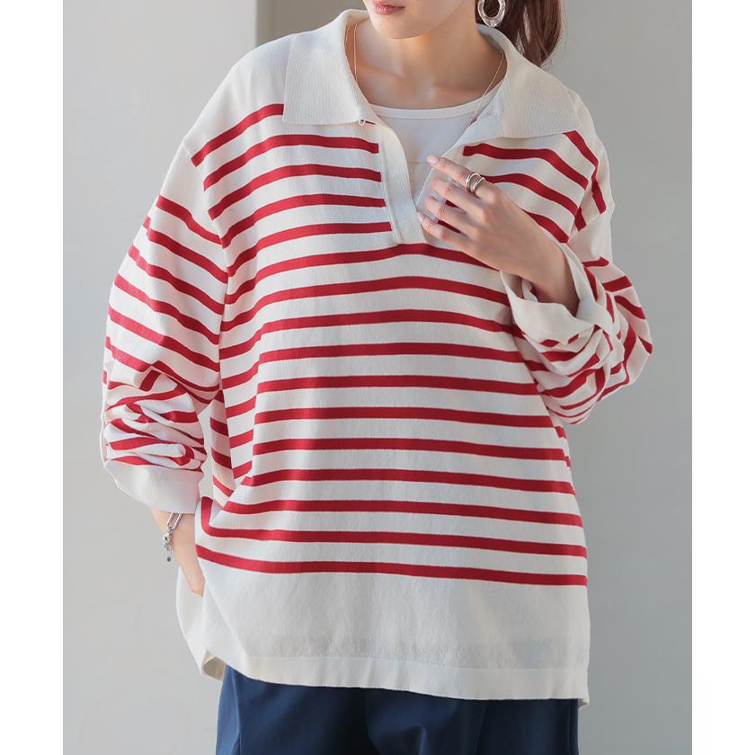 トップス ロンT 襟付き ボーダー ニット レディース 綿100％ 長袖 Tシャツ カットソー ロング ティーシャツ チュニック | HUG.U | 08