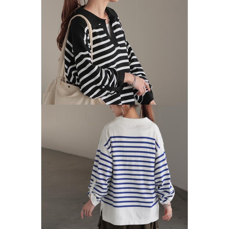 トップス ロンT 襟付き ボーダー ニット レディース 綿100％ 長袖 Tシャツ カットソー ロング ティーシャツ チュニック | HUG.U | 10